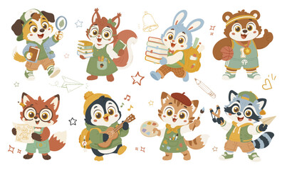 Fototapeta premium Set of cartoon school animal characters. Cute illustrations for school subject sticker, preschool posters, online classes, educational card