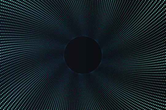 Radial blue digitized convergence pattern with central void digital dots