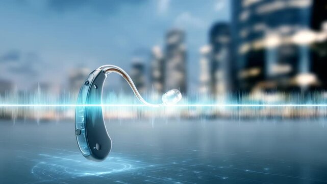 Modern digital hearing aid device with advanced technology showcased against a futuristic cityscape background. Innovative sound wave visualization highlights cutting edge audio enhancement