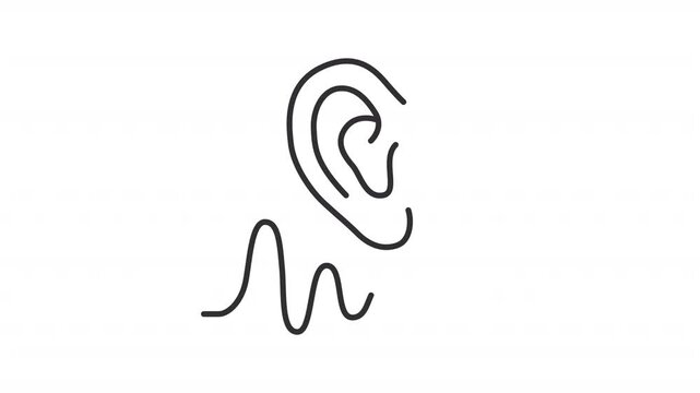 Animated ear and sound wave line icon. Acoustics animation. Branch of continuum mechanics. Study of mechanical waves in gases liquids. Outline element on white background. HD video with alpha channel