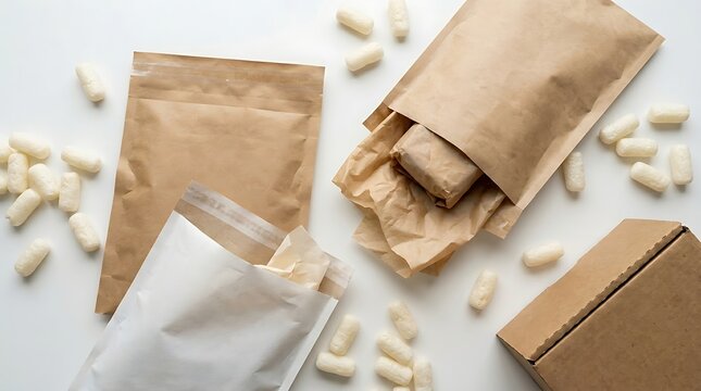 Packaging materials with foam peanuts and paper bags on white