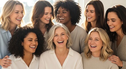 Obraz premium Diverse group of women laughing together, embracing friendship and joy.