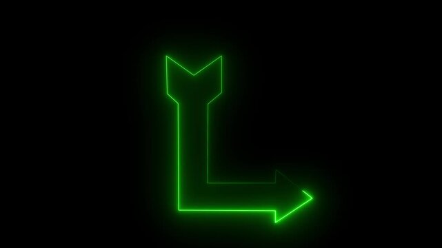 Neon green l-shaped arrow sign glowing on black background, directional indicator animation