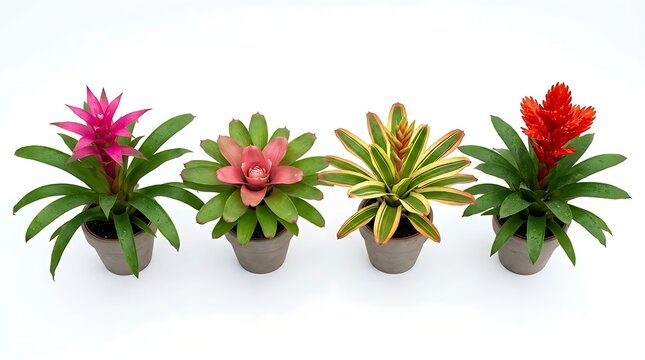 Four different colorful bromeliad plants in pots isolated on white background