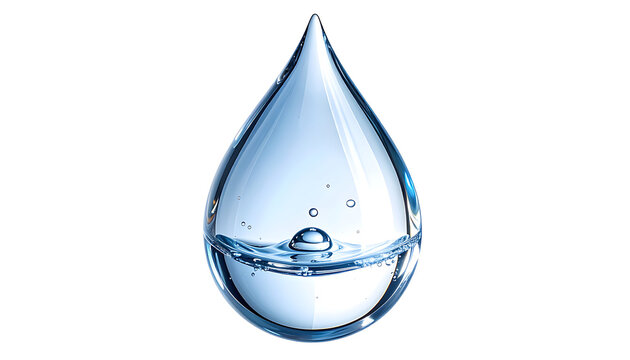 Single isolated clear water droplet with ripples and bubbles, representing purity and refreshment