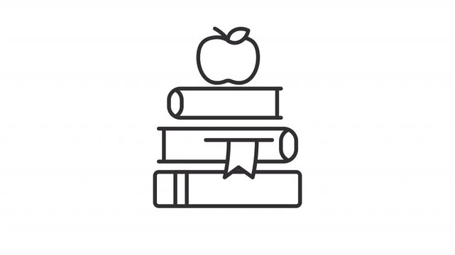 Animated apple on stacked book line icon. Knowledge for all animation. Back to school time. Learning academic subjects. Outline element on white background. HD video with alpha channel