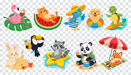 Cute summer animals beach vacation set flamingo cat dog turtle panda cartoon vector illustration © MDHABIBUL