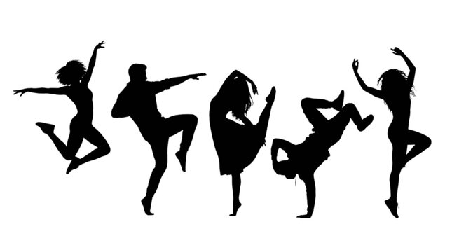 Silhouette dancers performing dynamic moves isolated on transparent background, Vector