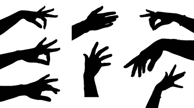 Black silhouette hands reaching out in different directions isolated on transparent background, Vector