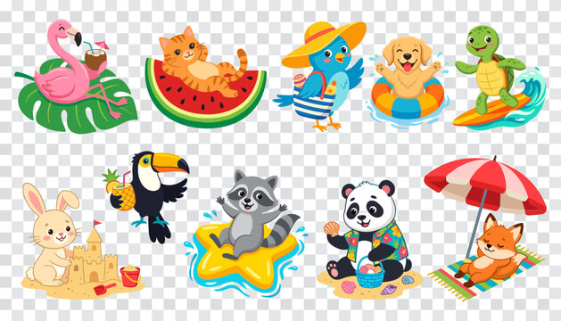 Cute summer animals beach vacation set flamingo cat dog turtle panda cartoon vector illustration