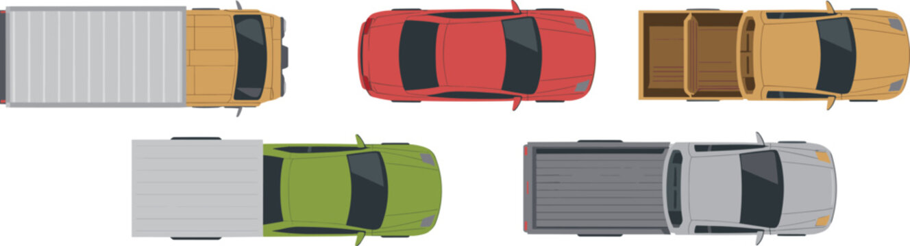 Flat vector illustration set of various vehicles from a top down aerial view including a red car, pickup trucks