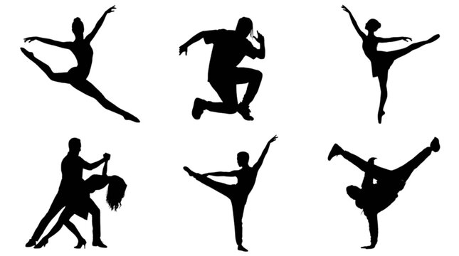 Silhouette dancers performing various graceful moves isolated on transparent background, Vector