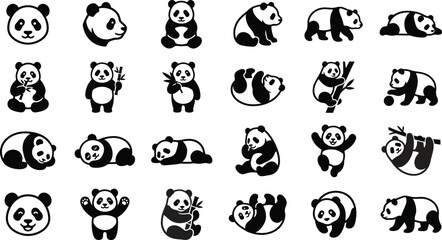 Panda icons, black and white panda illustrations, 20 panda graphics, vector panda set © Nusrat