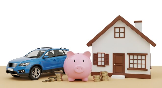 3d rendering of a blue suv car, a pink piggy bank, and a model house, representing financial planning for major life purchases and savings