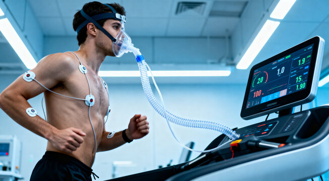 Controlled laboratory environment showing an athlete undergoing a treadmill stress test with oxygen mask and monitoring devices