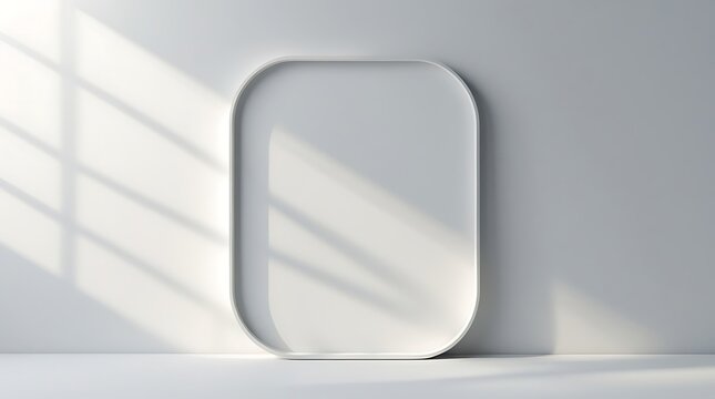 Vertical rounded rectangle frame leaning on wall with soft window blind shadow rays.