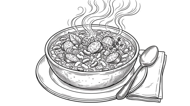 Hand drawn line art illustration of a steaming bowl of bean and sausage soup, rustic sketch of hot cassoulet or feijoada with spoon and napkin