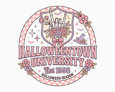 Halloween shirt vector vintage university design with skeleton hand roses and witch hat graphic