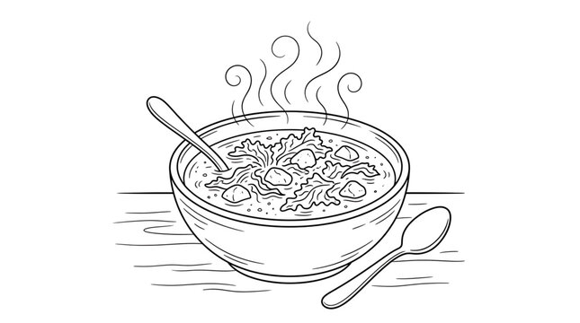 Handdrawn illustration of a steaming bowl of soup with meatballs and greens