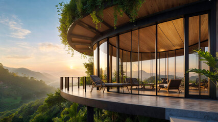 Fototapeta premium Modern luxury villa with curved glass walls and deck overlooking green mountain valley at sunset, AI-generated