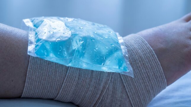 Detailed view of a foot resting on a soft surface with an ice pack applied for effective injury recovery and pain relief