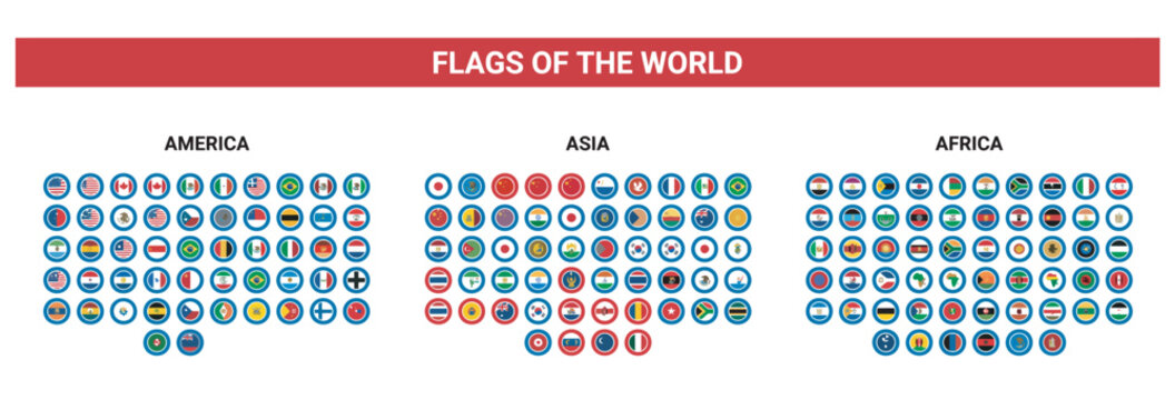 Collection of circular world flags categorized by America, Asia, and Africa in flat design