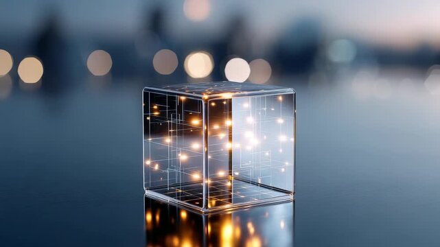 Futuristic transparent glass cube with glowing digital circuits and bokeh lights on a reflective surface. Modern technology and innovation concept in a minimalistic, high tech environment