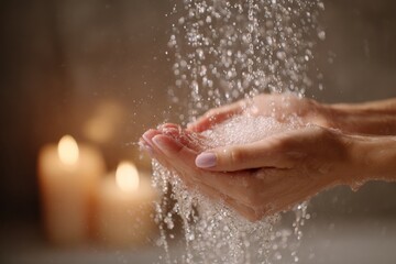 Fototapeta premium Close up of manicured hands under warm shower stream with candlelight for spa background and soothing wellness banner