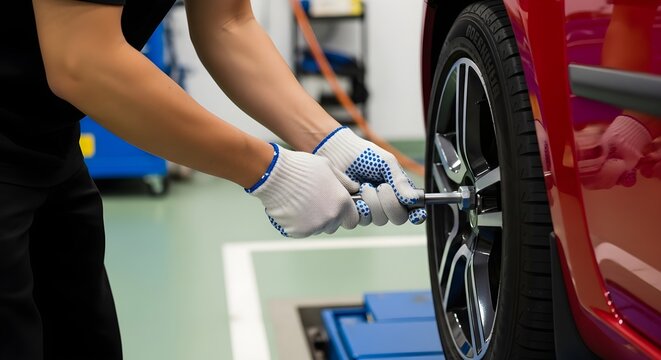 Mechanic using a lug wrench to tighten or loosen a wheel nut on a red car in a professional auto repair shop