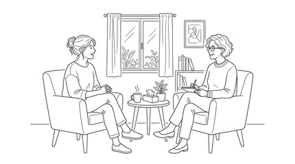 Fototapeta premium Young woman talking to a therapist in a cozy office, mental health counseling session, line art illustration
