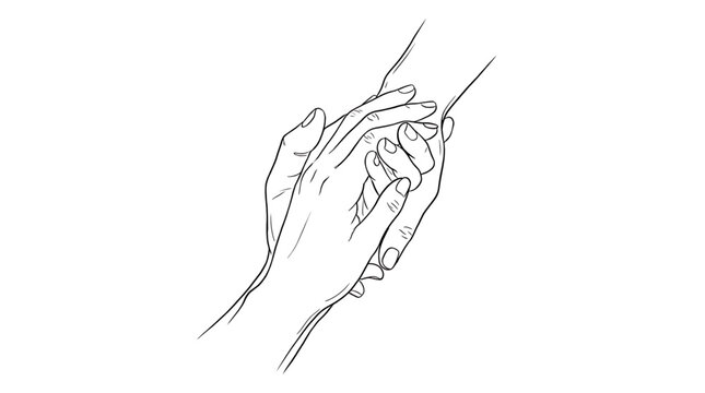Line art illustration of two hands holding each other, representing support, care, and connection