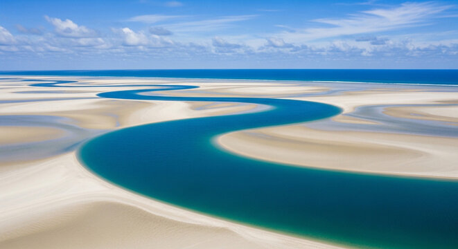 Aerial view of a winding river flowing through a sandy beach with clear blue water