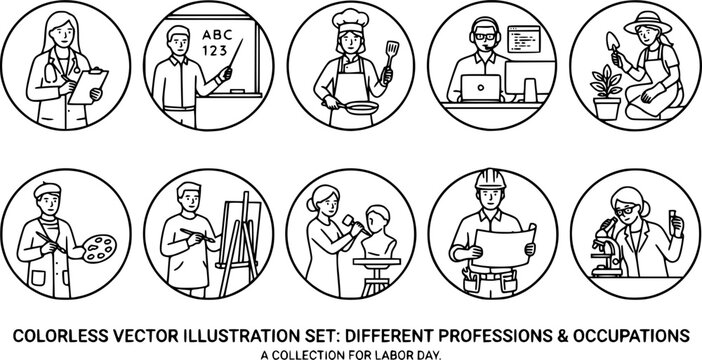 Different professions and occupations. Professional workers in uniform, doctor, teacher, chef and IT-specialist. Labor day vector illustration set. Male and female jobs as gardener, painter, sculptor
