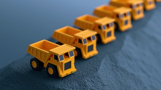 Yellow mining haul trucks lined up on terraced quarry road