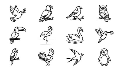 Obraz premium Birds vector icon set with simple bold line art flying dove majestic eagle cute sparrow and tropical parrot clip art black and white