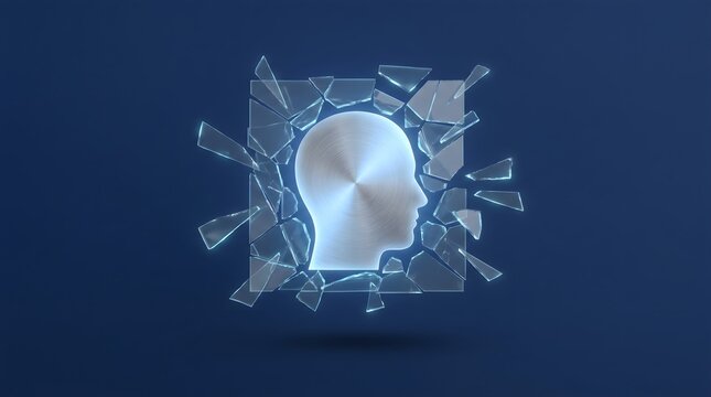 Side view of metallic human head profile shattering glass, illustrating mental breakthrough, innovation, and freedom against a deep blue background.
