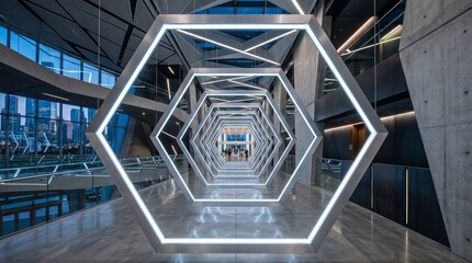 Fototapeta premium Futuristic hexagon light tunnel in modern corporate office, glowing geometric portal in high-tech interior, sci-fi architectural corridor with neon lights