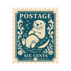 Obraz premium Vintage postage stamp with adorable otter swimming in water surrounded by seashells and plants.