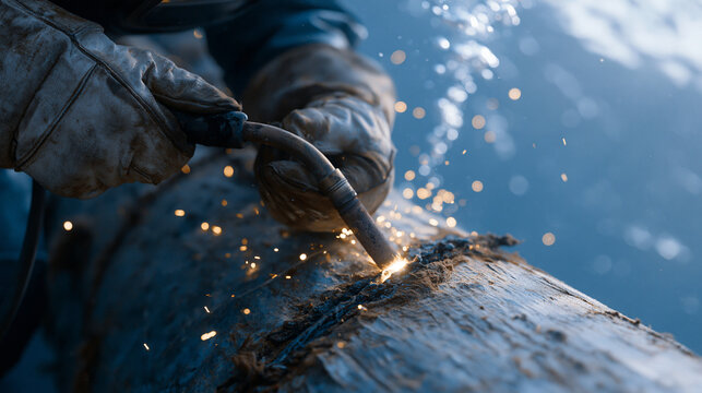 Close-up of an underwater welder's gloved hands guiding an electrode to a corroded pipe seam, sparks scattering into dark water, bubbles streaming upward from the welding arc,