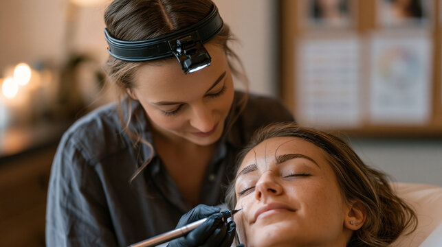 Cosmetic tattoo artist using a manual brow-mapping tool and pigment formula to outline precise microblading guidelines on a female client's brow area, magnification headlamp worn,