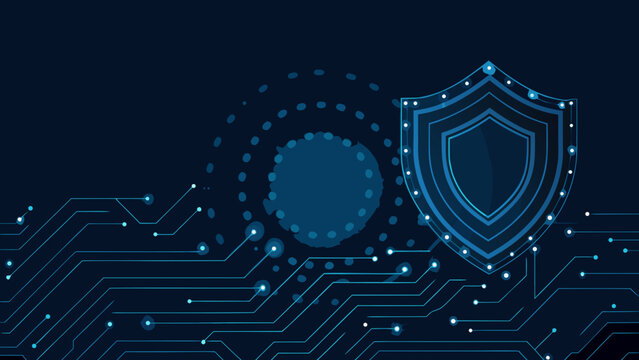 Blue shield illustration with circuit board pattern and circular data points on dark background security