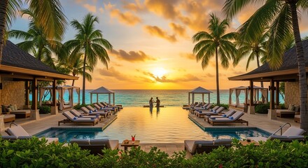 Fototapeta premium Luxury Tropical Resort Infinity Pool at Sunset with Palm Trees and Couple Silhouetted