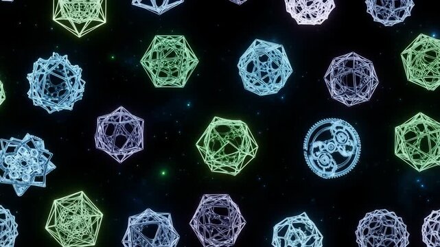 Neon geometric abstract background, with rotating mechanical, gears and floating polyhedrons 4K Ai HD high quality video.