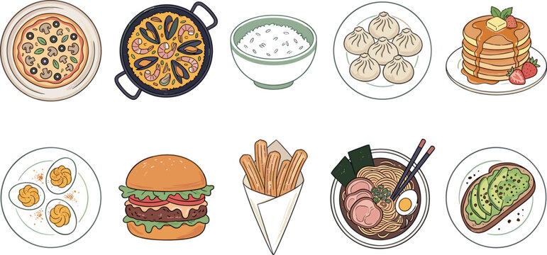 International food vector illustration set with pizza paella rice bowl baozi dumplings pancakes deviled eggs burger churros ramen noodle soup and avocado toast