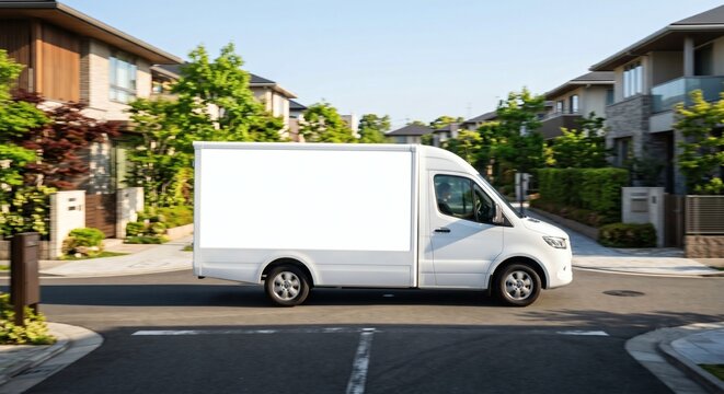 Blank white massive advertising panel mockup on side of modern electric delivery van