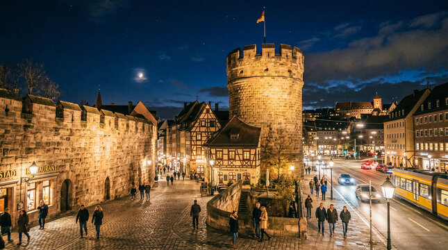 Gran torre de piedra medieval y muralla romana iluminadas bajo el cielo nocturno, integradas en el paisaje urbano de la ciudad