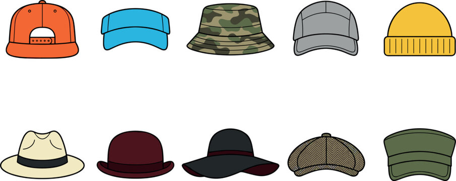 Vector Hat and Cap Collection Featuring Various Headwear Styles Like Baseball Caps, Bucket Hats, Beanies, and Fedoras Isolated on White Background