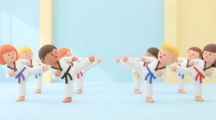 Naklejka premium Cartoon children practicing taekwondo kicking movements in synchronized training