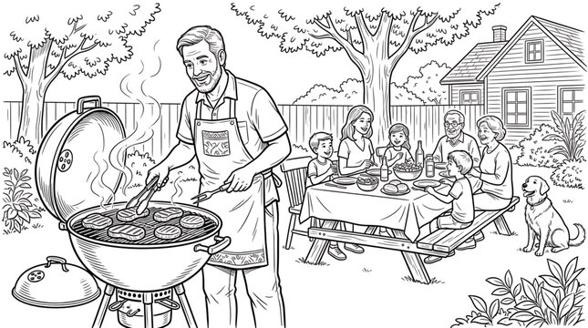 Family enjoying a backyard barbecue picnic with a man grilling burgers, children, grandparents, and a dog in a suburban garden setting
