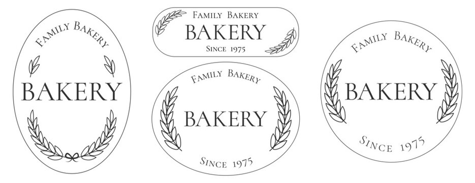 Set of elegant bakery logos and emblems with wheat wreath frames. Branding, packaging. Vector illustration, isolated on white.